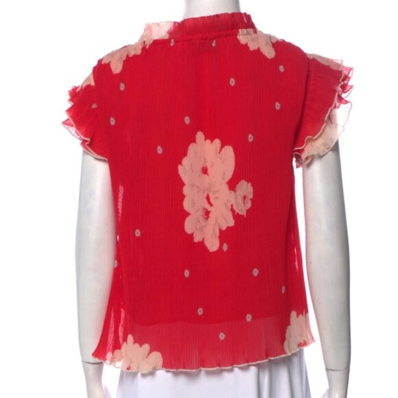 NWOT GANNI Ruffle Cap Sleeves Red Floral Plissé Chiffon Tie Blouse/Top S $265 - Picture 6 of 10